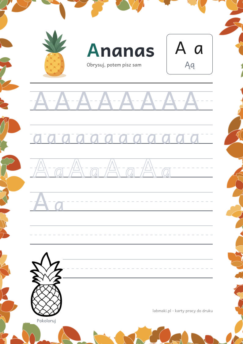 Karta pracy z literą A, hasłem Ananas i ananasem do pokolorowania